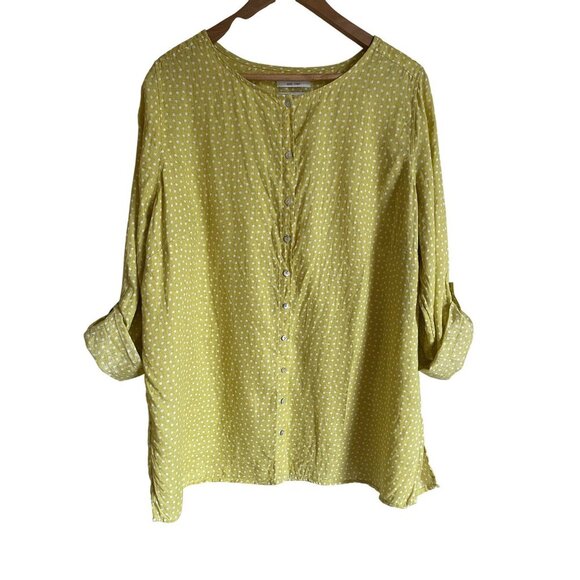 Rachel Zoe 1X Lime Green Polka Dot 100% Linen Button Front Blouse Tunic Top Roll - Picture 1 of 7